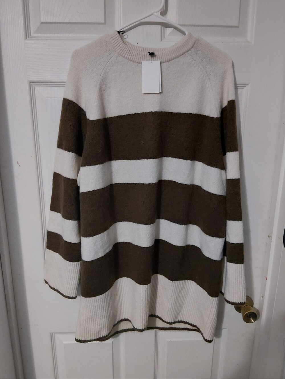 H&M Cream and Brown Wide Stripe Crewneck Sweater